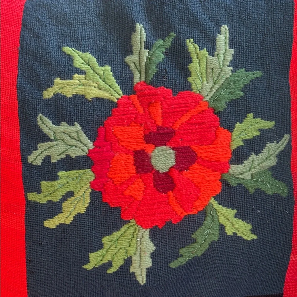 Vintage Handmade Floral Red and Green Needlepoint Holiday Pillow